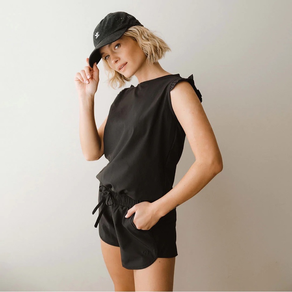 Albion Fit Ruffle Black Athleisure Romper